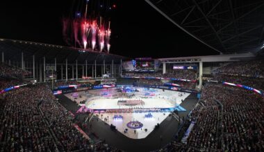 Fireworks explode before the NHL Winter Classic outdoor hockey game between the Florida Panthers and the New York Rangers on Jan. 2, 2026, in Miami.