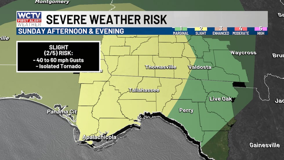 A level 2, slight risk is highlighted for the Big Bend and South Georgia for today's severe...