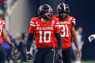 Texas Tech linebacker Jacob Rodriguez (10) looks to the sideline after a play during the...