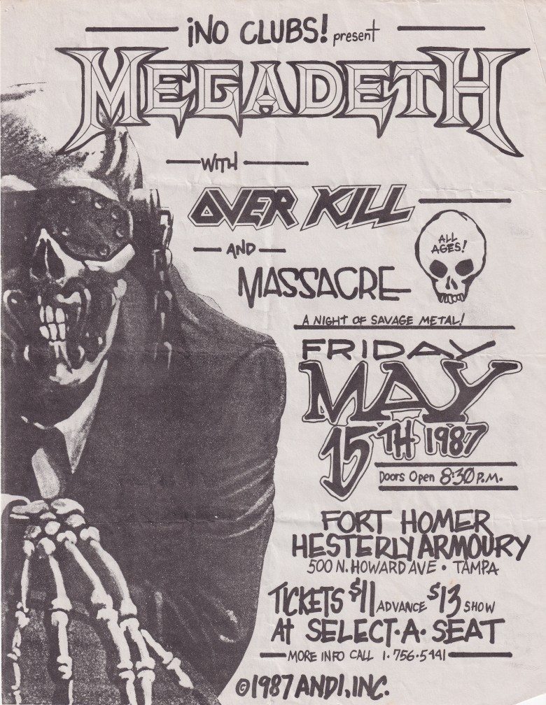 A black-and-white metal concert flyer for No Clubs! featuring Megadeth, Overkill, and Massacre. The left side features a large, detailed illustration of the band's skeletal mascot, Vic Rattlehead, wearing a suit and metal caps over his eyes and ears.