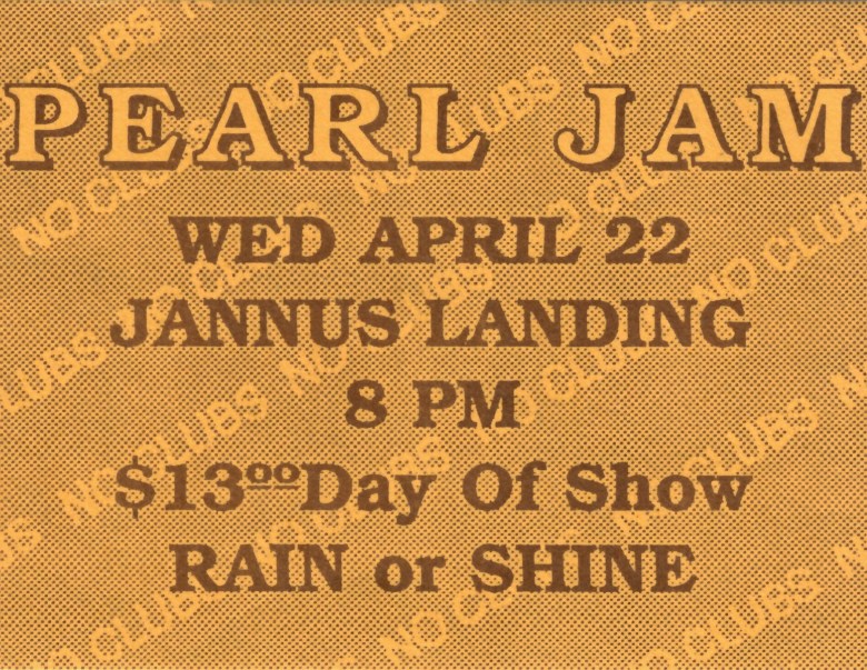 A minimalist orange-toned flyer for No Clubs Presents Pearl Jam. The background is a repeating halftone "No Clubs" watermark pattern. The text is centered and bold, printed in a simple brown serif font.