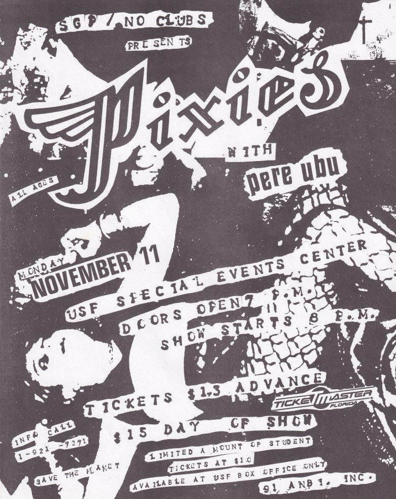 A dark, high-contrast flyer for SGP / No Clubs Presents The Pixies with Pere Ubu. The background features a heavily distorted, grainy photograph of a person in a dynamic pose, set against a dark, textured backdrop.