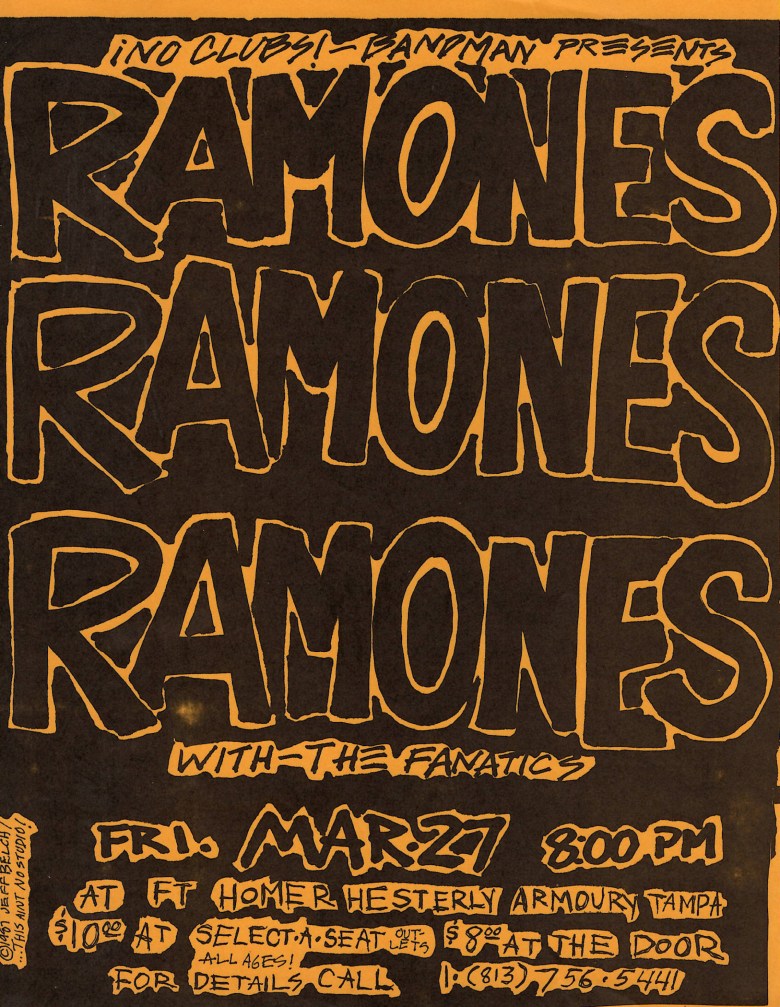A bold orange and black flyer for No Clubs!—Bandman Presents The Ramones with The Fanatics. The word "RAMONES" is repeated three times in massive, jagged block letters, taking up the top two-thirds of the page.