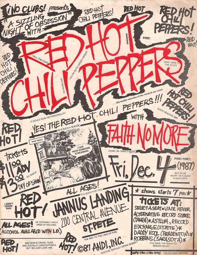 A highly energetic, hand-drawn concert flyer for the Red Hot Chili Peppers and Faith No More performing on Friday, December 4, 1987, at Jannus Landing in St. Petersburg. The flyer is filled with frantic doodles, comic strips, and scattered text like "Fire! Fire!" and "I can hear someone screaming."