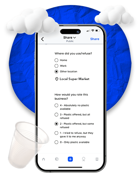 A graphic featuring a smartphone displaying the interface of the Remora app against a blue crumpled-paper circle with 3D white clouds and a translucent plastic cup. The screen shows a survey with questions like "Where did you use/refuse?" and a business rating scale regarding plastic usage, ranging from "0 - Only plastic available" to "4 - Absolutely no plastic available."