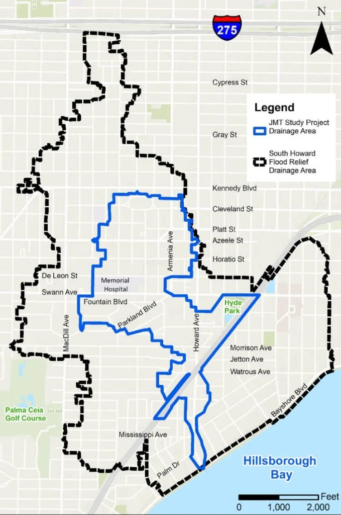 An infrastructure map highlighting neighborhood relief zones near Hyde Park and the Palma Ceia Golf Course. Major roads like Howard Avenue, Armenia Avenue, and Bayshore Boulevard are labeled to provide context for a city flood mitigation project.
