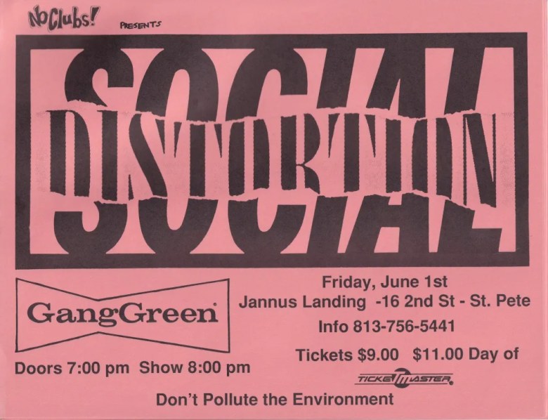 A pink-toned promotional flyer for No Clubs! Presents Social Distortion and GangGreen. The layout is distinctive, with the Social Distortion logo oriented vertically in large, distorted black block letters on the right side of the page.