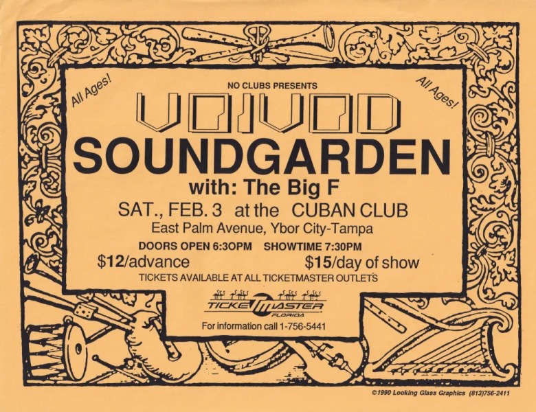 A golden-yellow concert flyer for No Clubs Presents Soundgarden with The Big F. The design features a large, ornate black border composed of classical musical instruments like harps, lutes, and drums. The show took place on Saturday, February 3, 1990, at The Cuban Club in Ybor City.