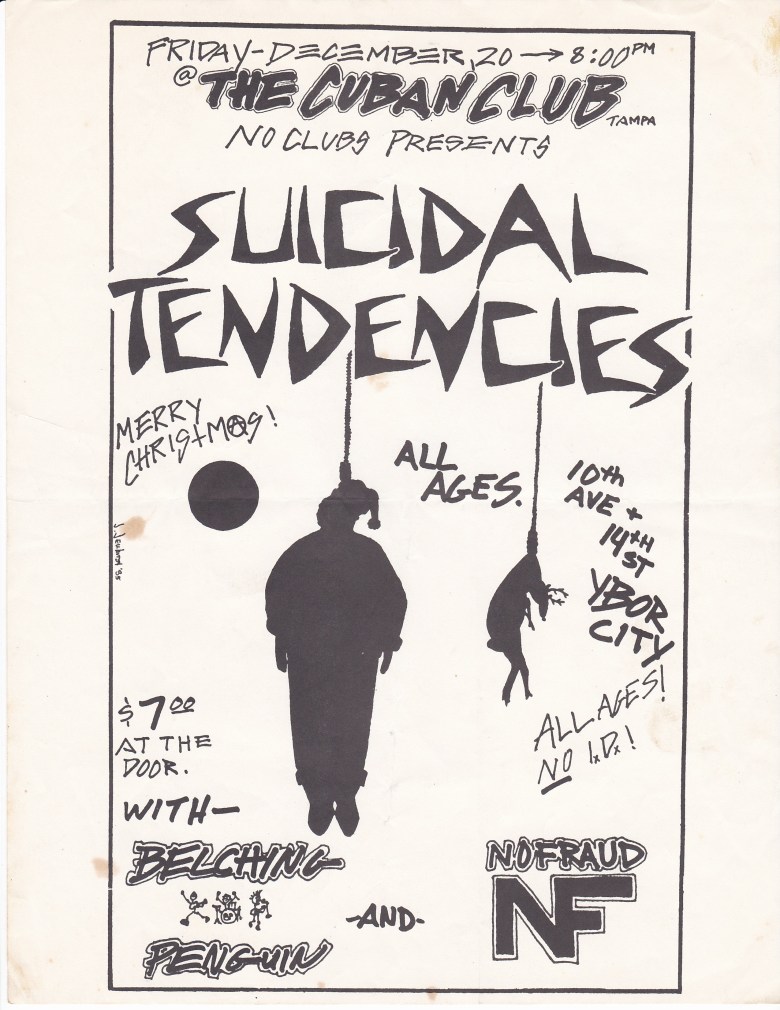 A 1980s punk rock flyer for an all-ages show at The Cuban Club in Tampa. The artwork includes various handwritten details such as "$7.00 at the door," "Merry Christmas!", and the venue's location at 10th Avenue and 14th Street in Ybor City.