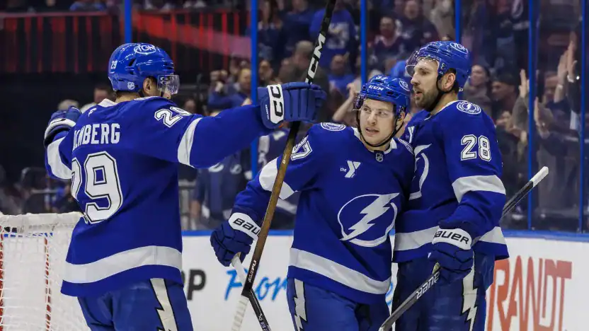 Tampa Bay Lightning players celebrate a goal