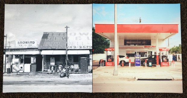 A 1960s photo print is paired with a modern image of the same location by photographer David Paulo for the Sistrunk Then and Now exhibit at the Historic Old Dillard Museum in Fort Lauderdale, Tuesday, Jan. 6, 2026. (Joe Cavaretta/South Florida Sun Sentinel)