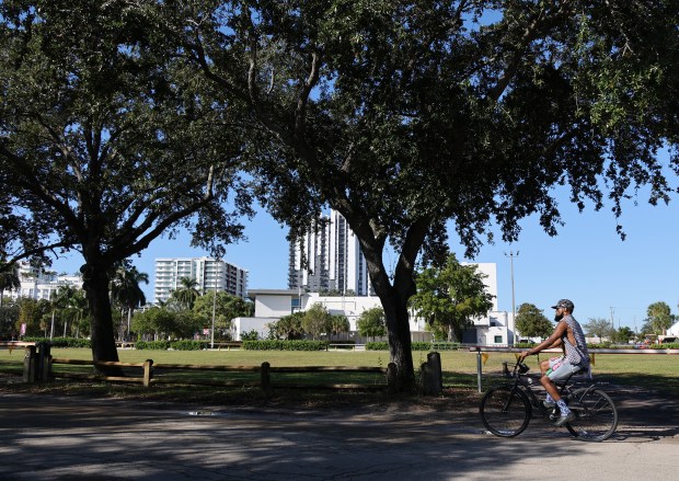 A muddy parking lot east of The Parker at Holiday Park in Fort Lauderdale, shown Wednesday. City plans call for a new five-story parking garage that would open in 2027. (Joe Cavaretta/South Florida Sun Sentinel)