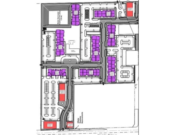 The Wekiva Ranch community will have eight multifamily buildings (shaded in purple), along with four commercial buildings (shaded in red). (Site plan from Poulos & Bennett)