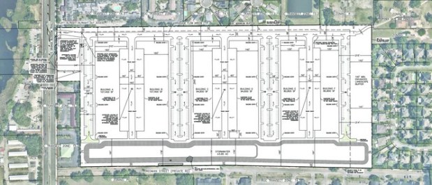 The Edgewood Park of Commerce will consist of six warehouses ranging in size from 80,800 square feet to 107,400 square feet. (Site plan by Kimley-Horn)