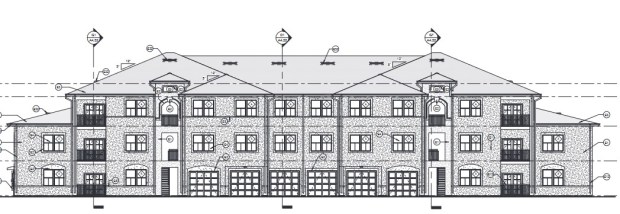 The apartment buildings are all 3-story walk-up style garden apartments. Each building has five or six units with tuck-under garage parking. (Elevation by FK Architecture)