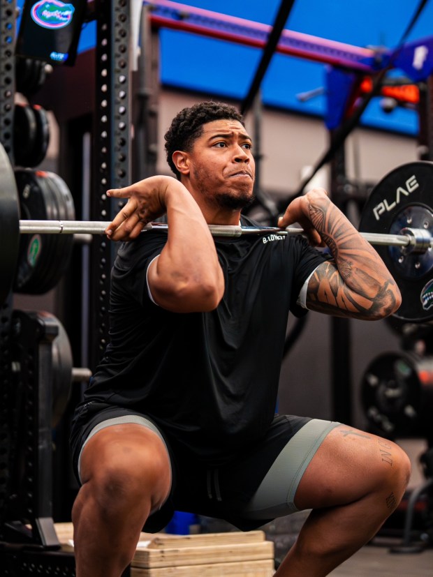 Florida offensive lineman Bryce Lovett trains during the Gators' rigorous offseason program implemented by new strength and conditioning coach Rusty Whitt. (Courtesy UF's University Athletics Association).