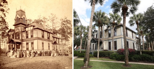 Historic DeLand Hall, where the precursor to Stetson University started, as seen in 1884 (left), and the same building as seen on Dec. 10, 2025 (right). DeLand Hall is the oldest building in continuous use for higher education in Florida, according to Stetson. (Stetson archives, Stephen M. Dowell/Orlando Sentinel)
