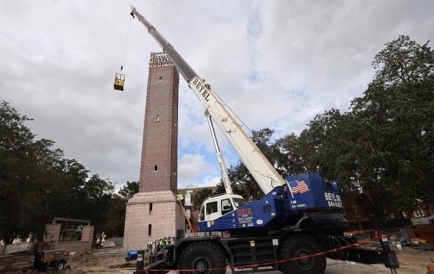 Renovation on the bell tower is underway at Stetson University on Wednesday, December 10, 2025. (Stephen M. Dowell/Orlando Sentinel)