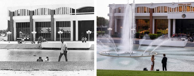 Florida Technological University student swalk and lounge near the Reflecting Pond in front of Millican Hall in 1970 (left), and a University of Central Florida student prepares to pose for graduation photos in front of the same pond on Dec. 10, 2025 (right). (UCF archives, Joe Burbank/Orlando Sentinel)