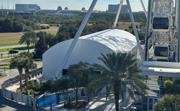 A theater for Blue Man Group is under construction at Icon Park near the base of the Orlando Eye attraction. (Dewayne Bevil/Orlando Sentinel)