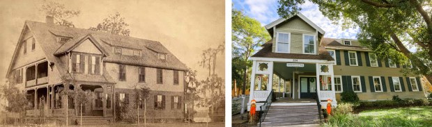 Pinehurst Cottage as seen on Rollins College's campus ca. 1909 (left) and as seen on Dec. 20, 2025 (right). The building is the longest standing at Rollins College, which traces its history back to 1885. (Rollins College archives, Joe Burbank/Orlando Sentinel)