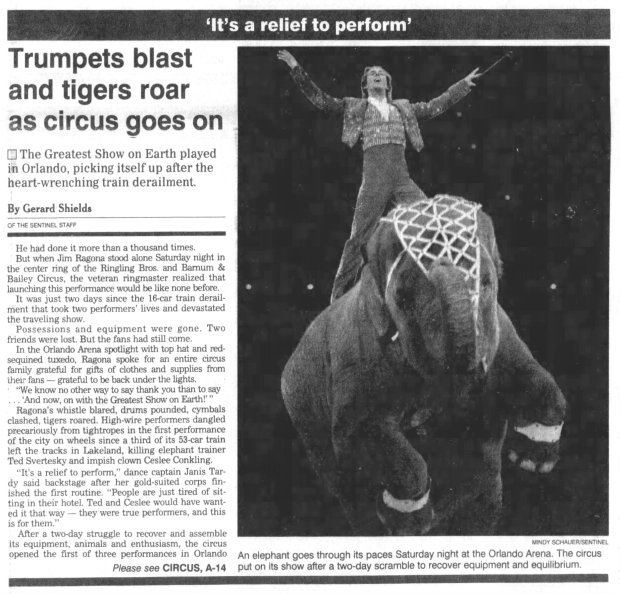 Coverage of the opening of the Ringling Bros. and Barnum & Bailey Circus in Orlando after the 1994 train crash. (Sentinel file)