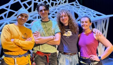 L-R Luis Rivera, Robert Logan Mays, Seth Henley-Beasley and Brianna McVaugh: cast members of Stageworks Theatre's upcoming show "Touching the Void," in front of their mountain set. (Spectrum News/Virginia Johnson)