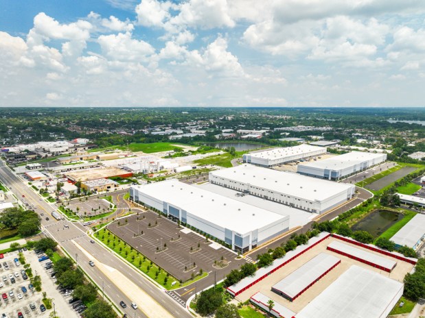 An aerial view of the 43-acre campus of University Crossing at Winter Park, 3825 Forsyth Road just east of the city limits. Novartis plans to construct a facility in one of the back buildings to produce cancer-fighting therapies for patients in the Southeast. (Courtesy of Novartis)