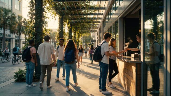 Students and pedestrians walk through a proposed mixed-use campus environment at Hillsborough College in a conceptual redevelopment rendering