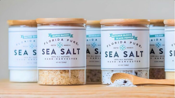 Florida Pure Sea Salt products displayed on a shelf, including maple bacon and butcher block black pepper varieties, examples of the specialty grocery items Volta Wine + Market plans to carry.