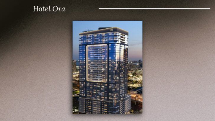 Rendering of Hotel ORA, a planned condo-hotel tower in downtown Tampa, shown at dusk.