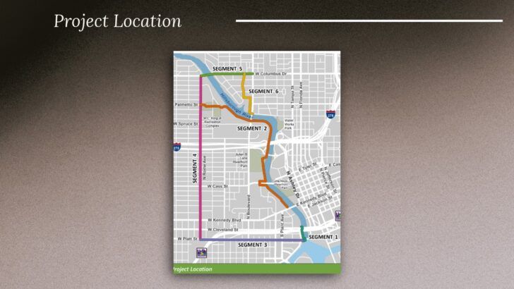 Map showing the South Howard Flood Relief Project area and construction segments across Tampa.