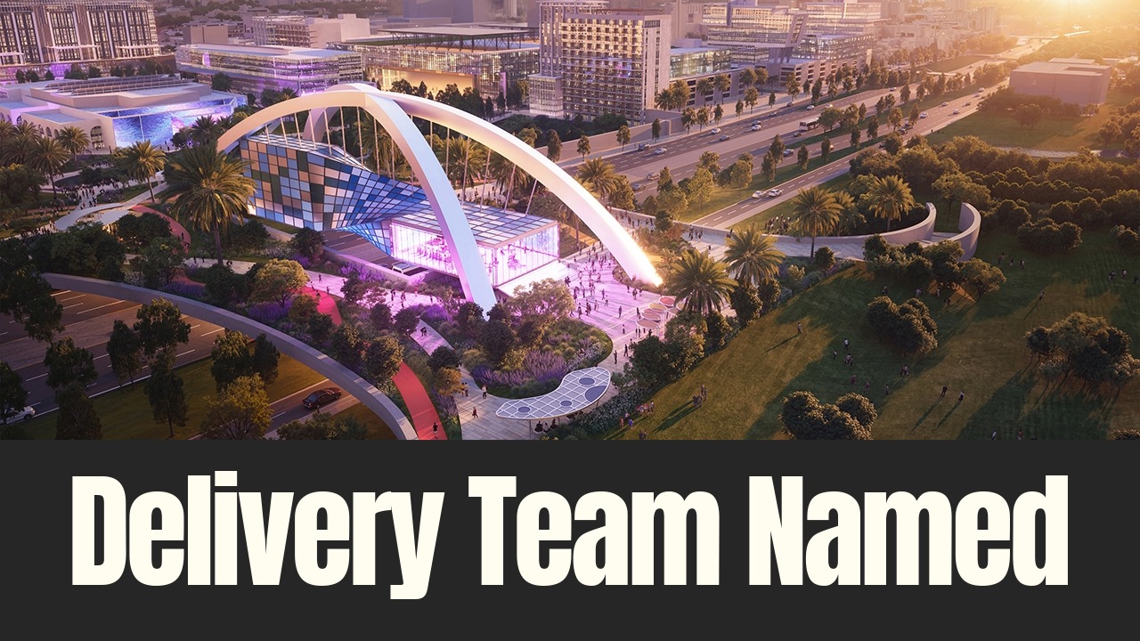 Rendering of the proposed Gas Plant District showing Innovation Hall and surrounding development in St. Petersburg.