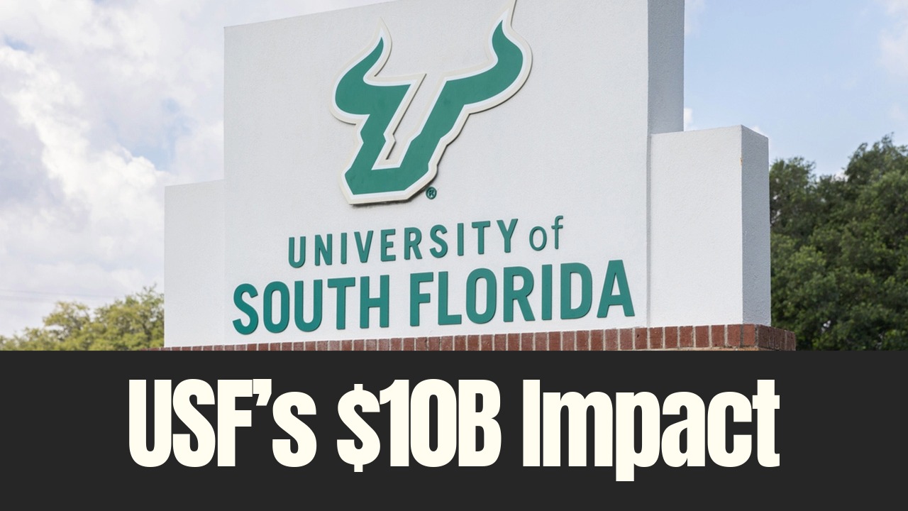 University of South Florida campus sign in Tampa highlighting USF’s $10B economic impact