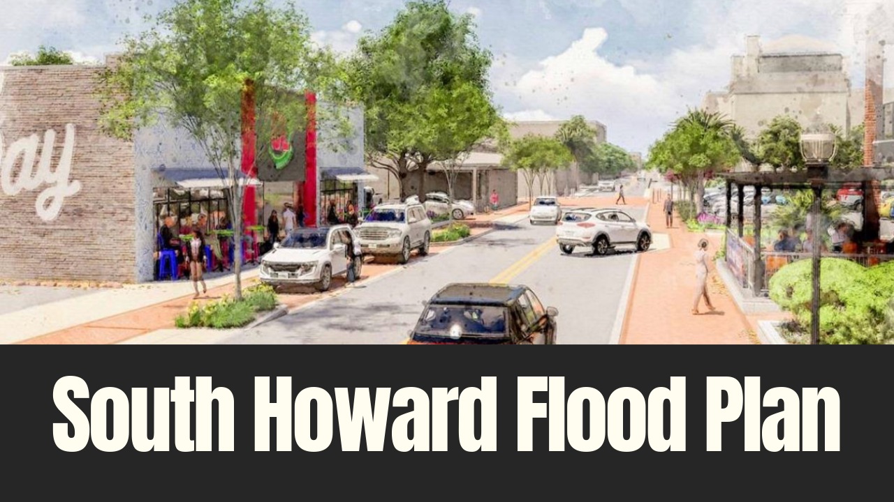 Rendering of a redesigned South Howard Avenue with widened sidewalks street trees and improved drainage