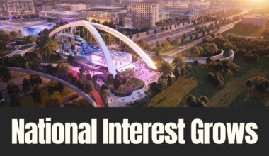 Rendering of a proposed redevelopment concept for St. Petersburg’s Historic Gas Plant District, showing a large public venue, green space and surrounding development.