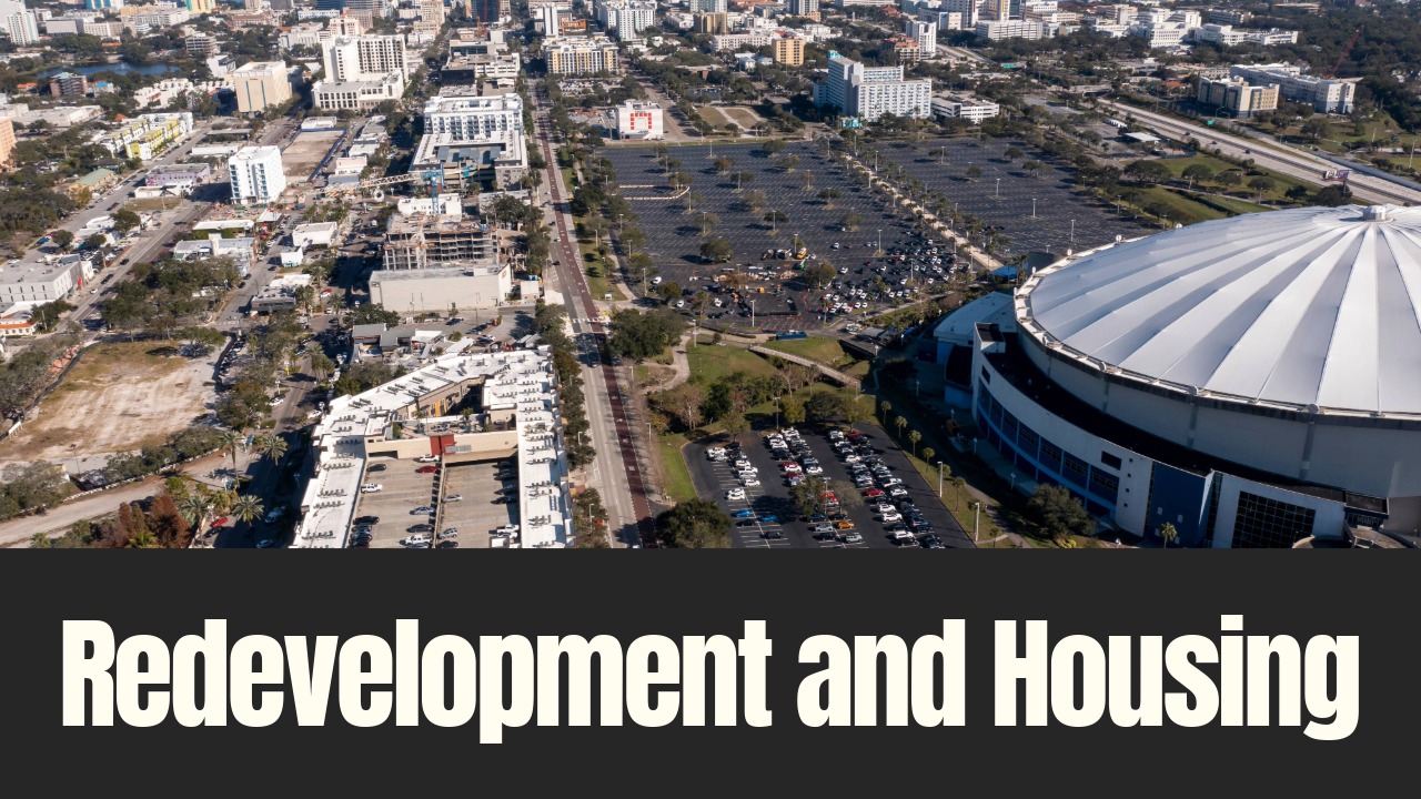 Aerial view of St. Petersburg’s Historic Gas Plant District with Tropicana Field and surrounding neighborhoods