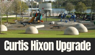 Playground and event lawn at Curtis Hixon Waterfront Park in downtown Tampa, proposed for infrastructure upgrades under a $5.5M CRA funding request.