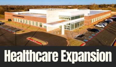 Aerial view of an inpatient rehabilitation hospital in Oklahoma City following a recent expansion.