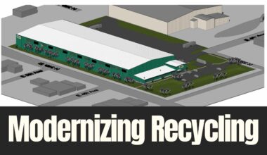 Rendering of Waste Management’s planned automated recycling facility in East Ybor, showing a long warehouse building with truck access and support structures.