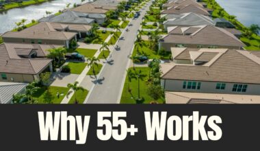 An aerial view of a 55+ residential community with single story homes lining a landscaped street in Florida.