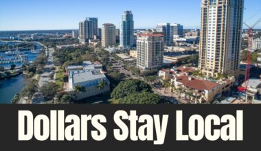 Aerial view of downtown St. Petersburg showing waterfront, high-rise buildings and marina, highlighting how tourism dollars support local infrastructure and growth.