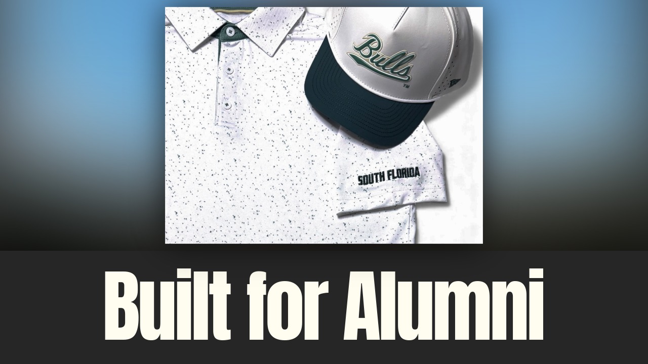 Campus Course apparel featuring a University of South Florida polo and matching hat with understated collegiate branding.