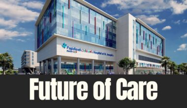 Rendering of Pagidipati Children’s Hospital at St. Joseph’s in Tampa with modern glass design and bold exterior colors