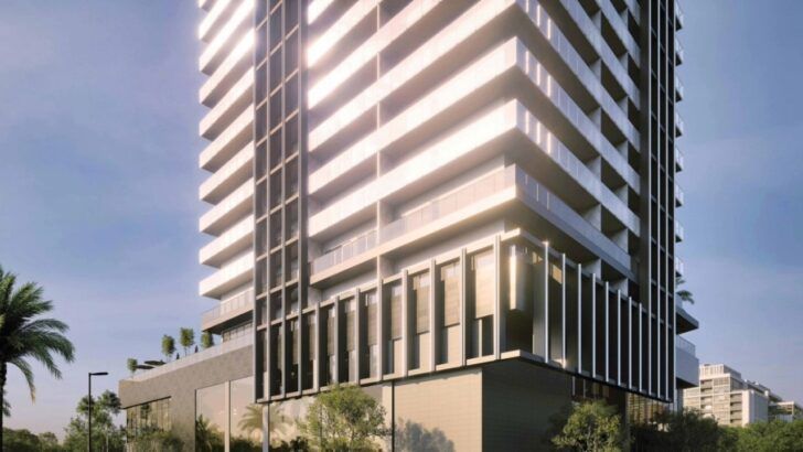 Corner view of The Gaspar residential tower podium in Tampa
