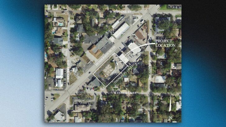Aerial map showing the project site along Henderson Boulevard in South Tampa, with surrounding streets and the outlined development parcel.