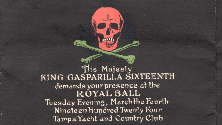 Vintage Gasparilla invitation featuring a skull and crossbones graphic announcing the Royal Ball hosted by King Gasparilla XVI in 1924 at the Tampa Yacht and Country Club.