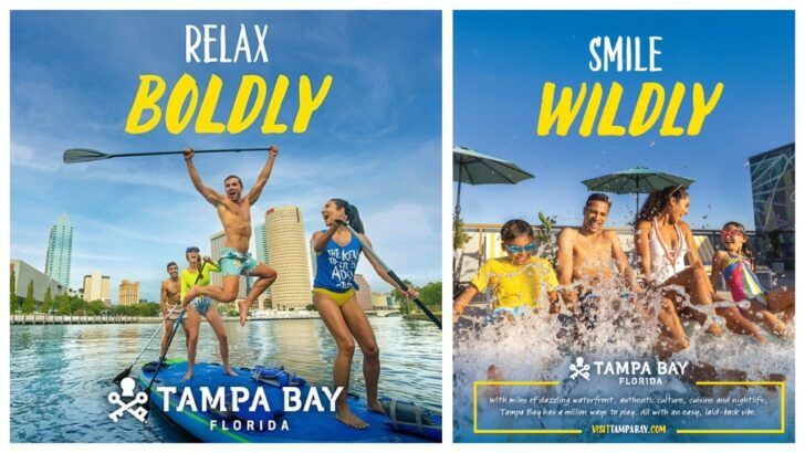 Visit Tampa Bay tourism ads showing people paddleboarding downtown and families enjoying waterfront attractions in Tampa Bay, Florida.