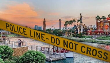 Islands of Adventure at Universal Orlando Resort waterfront with boats and buildings at sunset is partially blocked by yellow "POLICE LINE – DO NOT CROSS" tape stretching across the foreground.