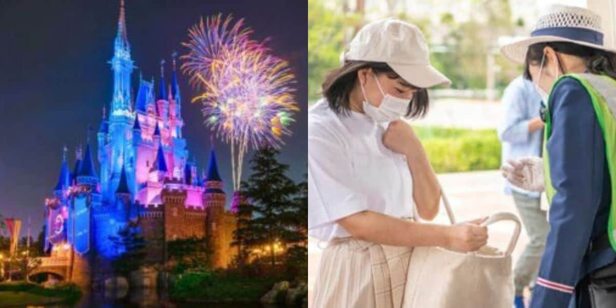 Tokyo Disneyland under advisory, castle fireworks left, masks and bag check right